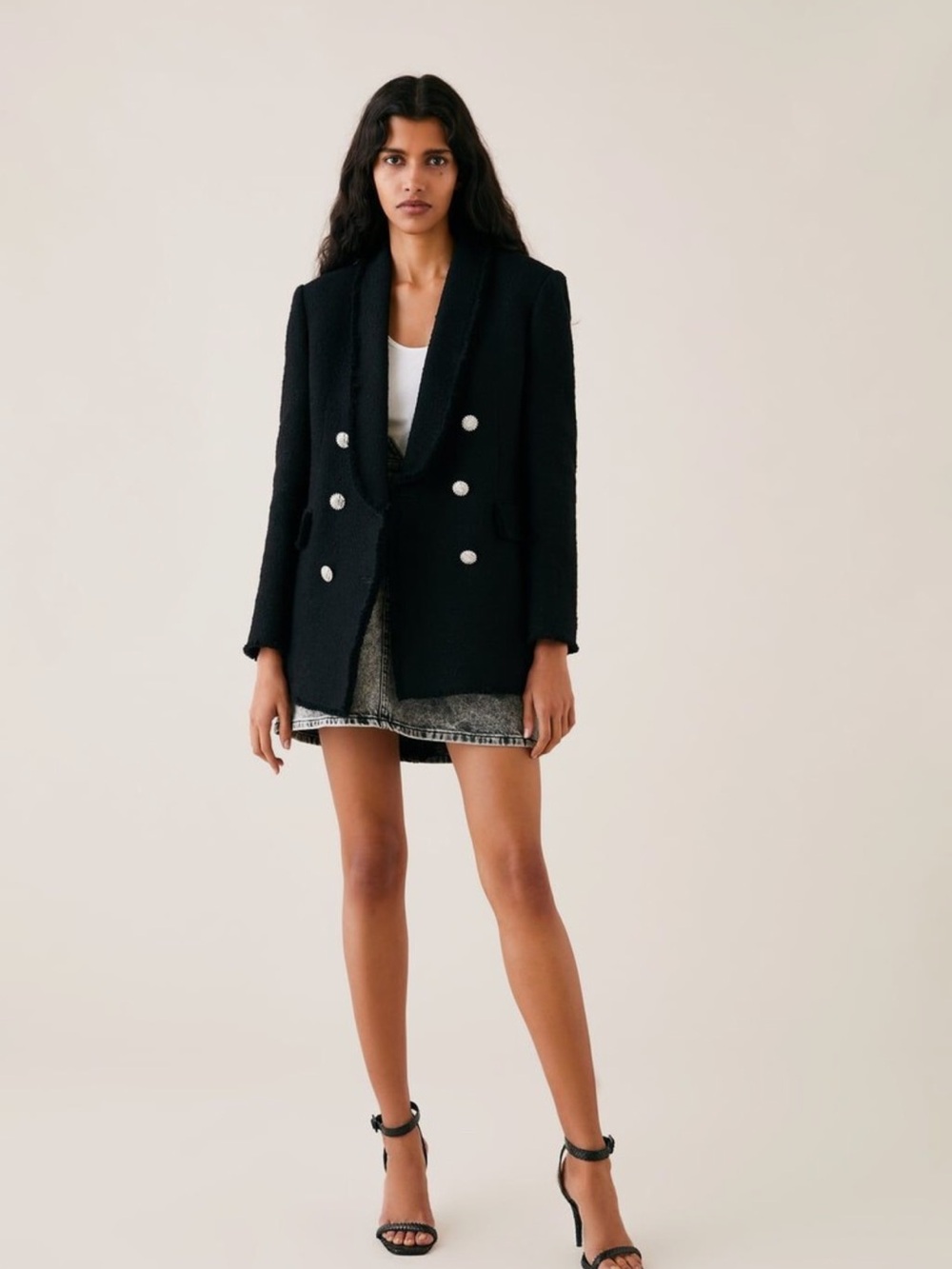 ZARA - Black Textured Double-Breasted Blazer Jacket - Size XS